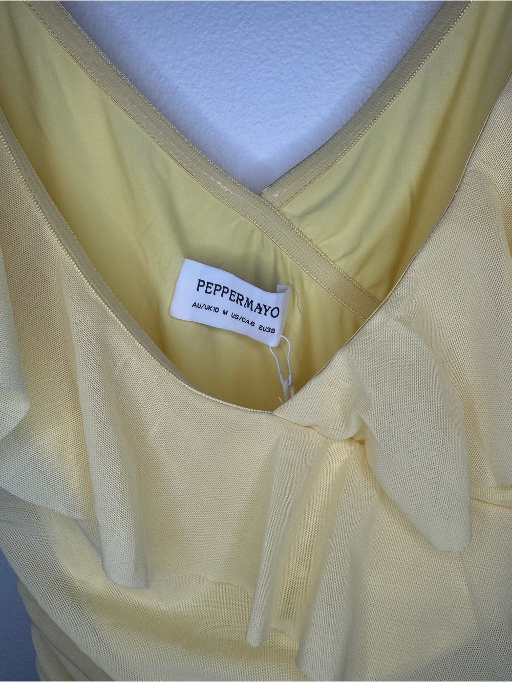 Peppermayo Shona Mini Dress Yellow Ruched Ruffle Mesh Party Dress US 6 NWT - Picture 3 of 12